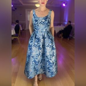 Tahari Ocean Blue Floral Jacquard Midi Dress
